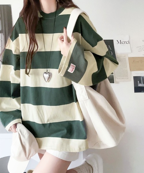 Java（ジャバ）の「《JaVa ジャバコラボ》目を惹く、カジュアル。綿100％ワイドボーダー裾ラウンドbigシルエット オーバーサイズ ロンTee（Tシャツ/カットソー・レディース・ブラック/ブラウン/グリーン/グレイッシュベージュ・SMALL/MEDIUM/LARGE/X-LARGE）」の13枚目の写真