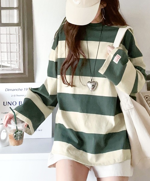 Java（ジャバ）の「《JaVa ジャバコラボ》目を惹く、カジュアル。綿100％ワイドボーダー裾ラウンドbigシルエット オーバーサイズ ロンTee（Tシャツ/カットソー・レディース・ブラック/ブラウン/グリーン/グレイッシュベージュ・SMALL/MEDIUM/LARGE/X-LARGE）」の12枚目の写真