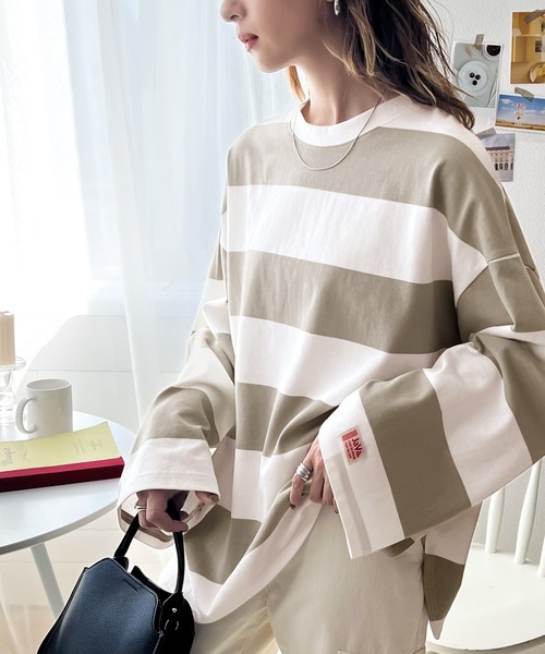 Java（ジャバ）の「《JaVa ジャバコラボ》目を惹く、カジュアル。綿100％ワイドボーダー裾ラウンドbigシルエット オーバーサイズ ロンTee（Tシャツ/カットソー・レディース・ブラック/ブラウン/グリーン/グレイッシュベージュ・SMALL/MEDIUM/LARGE/X-LARGE）」の19枚目の写真