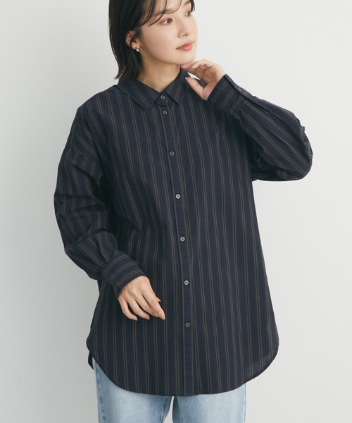 Green　Parks（グリーンパークス）の「高密度 ストライプ付衿きシャツ（シャツ/ブラウス・レディース・ブルー/ネイビー/ピンク・FREE）」の2枚目の写真