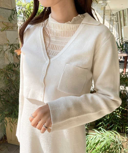 StyleSea(スタイルシー)の「クロップド丈カーディガン&ニットスカート セットアップ(カーディガン/ボレロ・レディース・ベージュ/パープル/オフホワイト/チャコール・MEDIUM)」の6枚目の写真