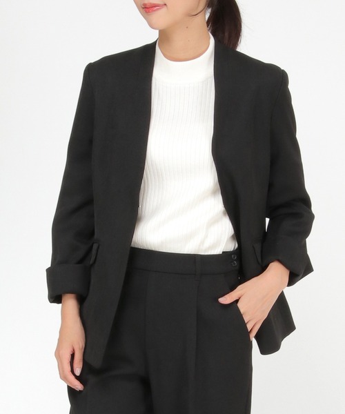 IKKA LOUNGE（イッカラウンジ）の「【セットアップ対応】ウールライクV襟裏付きジャケット（テーラードジャケット・レディース・モカ/ブラック・L/M）」の2枚目の写真