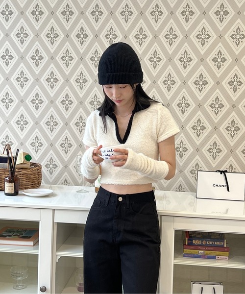 by muni:r(バイ ムニール)の「テリーVネックカラー半袖Tシャツ(ウォーマーSET)(Tシャツ/カットソー・レディース・グレー/ピンク/アイボリー・FREE)」の2枚目の写真