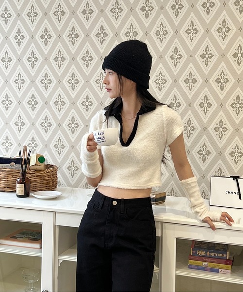 by muni:r(バイ ムニール)の「テリーVネックカラー半袖Tシャツ(ウォーマーSET)(Tシャツ/カットソー・レディース・グレー/ピンク/アイボリー・FREE)」の9枚目の写真