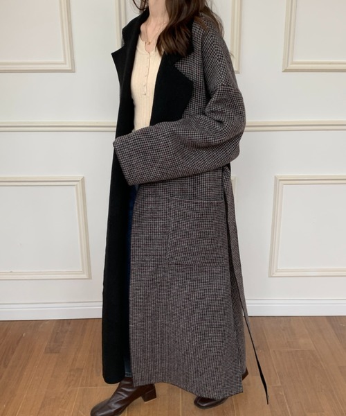 ECLIN（エクラン）の「ダブルフェイスチェック柄ロングチェスターコート（チェスターコート・レディース・チャコールグレー/ベージュ/ブラウン・FREE）」の8枚目の写真