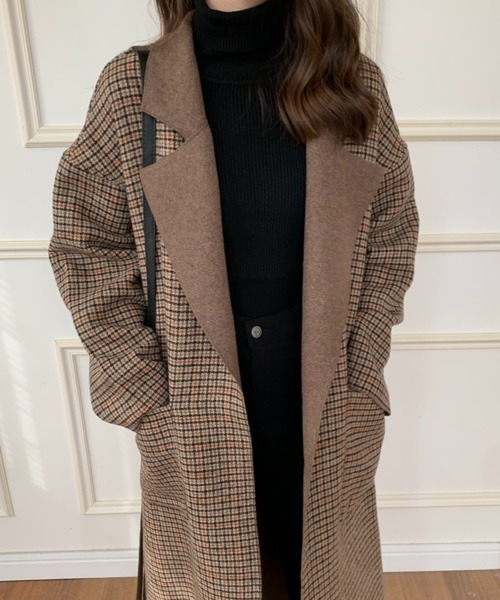 ECLIN（エクラン）の「ダブルフェイスチェック柄ロングチェスターコート（チェスターコート・レディース・チャコールグレー/ベージュ/ブラウン・FREE）」の16枚目の写真