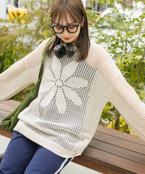 nemne store（ネンネストア）の「【低身長用サイズあり】花柄メッシュニットプルオーバー（ニット/セーター・レディース・アイボリー/ピンク/グリーン/ネイビー・SMALL/MEDIUM）」の8枚目の写真