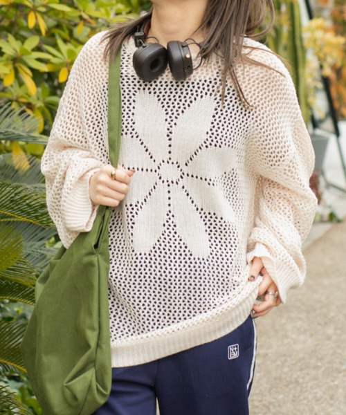ニット セーター 菜の花ニットプルオーバー レディース N.s ニット セーター 配色花柄ニットプルオーバー レディース