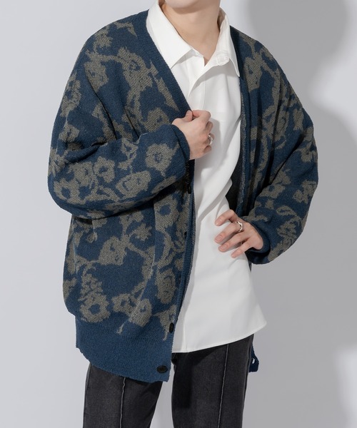 Adoon plain（アドーンプレーン）の「【Adoon plain】ルーズフラワーカーディガン（カーディガン/ボレロ・メンズ・ブルー/ブラック・MEDIUM/LARGE）」の14枚目の写真