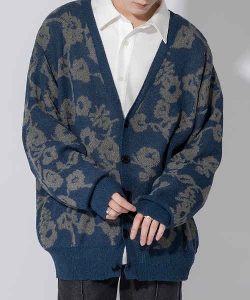 Adoon plain（アドーンプレーン）の「【Adoon plain】ルーズフラワーカーディガン（カーディガン/ボレロ・メンズ・ブルー/ブラック・MEDIUM/LARGE）」の13枚目の写真