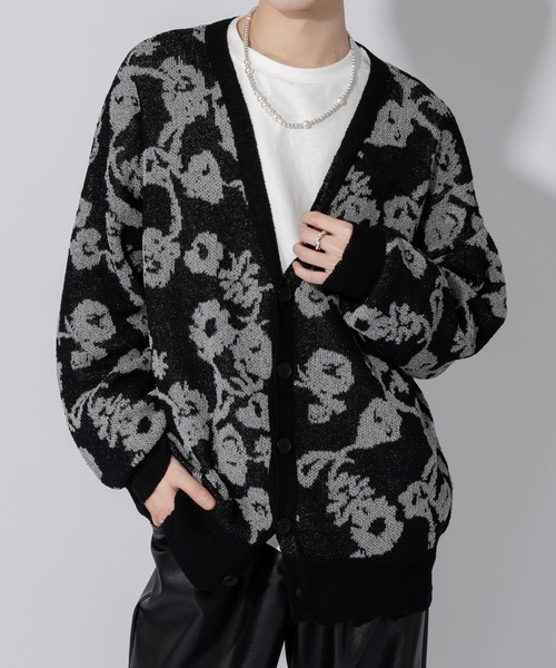 Adoon plain（アドーンプレーン）の「【Adoon plain】ルーズフラワーカーディガン（カーディガン/ボレロ・メンズ・ブルー/ブラック・MEDIUM/LARGE）」の3枚目の写真