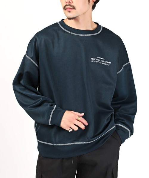 LUXSTYLE(ラグスタイル)の「テックダンボールニット配色ステッチトレーナー(Tシャツ/カットソー・メンズ・ブラック/ネイビー/グレー・M/L)」の1枚目の写真