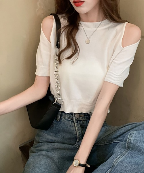 NinaetLina（ニナエリナ）の「半袖肩開きカットソー（Tシャツ/カットソー・レディース・ホワイト/ブラック・FREE）」の2枚目の写真