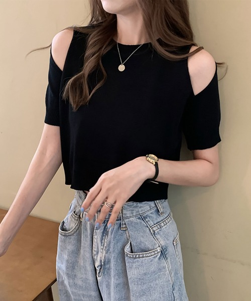 NinaetLina（ニナエリナ）の「半袖肩開きカットソー（Tシャツ/カットソー・レディース・ホワイト/ブラック・FREE）」の4枚目の写真