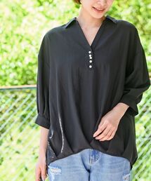 パール付きスキッパー裾タック7分袖ブラウス