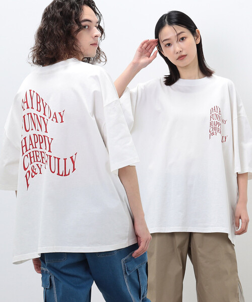 Purple&Yellow（パープルアンドイエロー）の「メッセージプリント ビッグ半袖Ｔシャツ（Tシャツ/カットソー・メンズ・ホワイト/ブラック/オレンジ/ブルー・LARGE/MEDIUM/SMALL）」の2枚目の写真