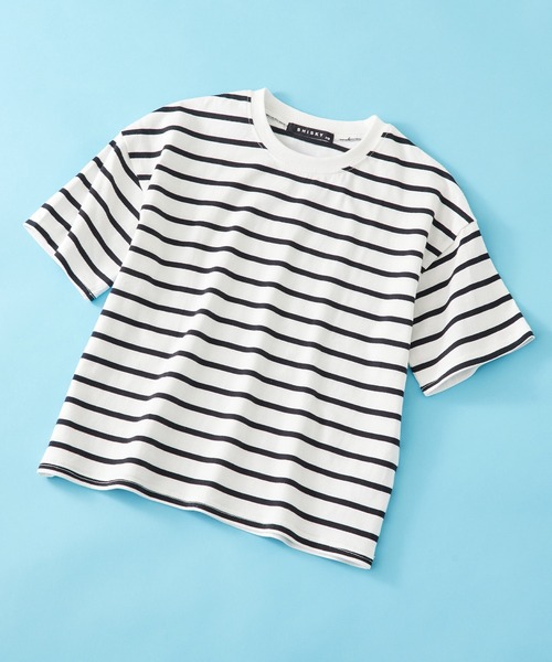 SHISKY（シスキー）の「SHISKY / シスキー ボーダー ビックシルエット  カットソー  半袖キッズ（Tシャツ/カットソー・キッズ・サックスブルー/グレー系/ベージュ/ネイビー系/チャコール/ネイビー/ネイビー系2/ダークグリーン/オフホワイト/ブラック系/杢グレー/グリーン系・140/120/110/130/160/150）」の3枚目の写真