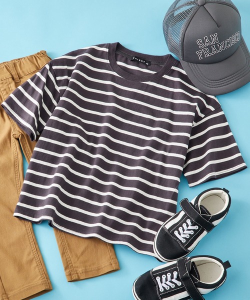 SHISKY（シスキー）の「SHISKY / シスキー ボーダー ビックシルエット  カットソー  半袖キッズ（Tシャツ/カットソー・キッズ・サックスブルー/グレー系/ベージュ/ネイビー系/チャコール/ネイビー/ネイビー系2/ダークグリーン/オフホワイト/ブラック系/杢グレー/グリーン系・140/120/110/130/160/150）」の6枚目の写真