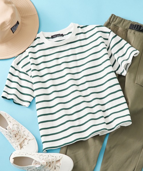 SHISKY（シスキー）の「SHISKY / シスキー ボーダー ビックシルエット  カットソー  半袖キッズ（Tシャツ/カットソー・キッズ・サックスブルー/グレー系/ベージュ/ネイビー系/チャコール/ネイビー/ネイビー系2/ダークグリーン/オフホワイト/ブラック系/杢グレー/グリーン系・140/120/110/130/160/150）」の8枚目の写真