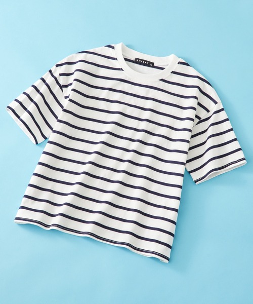 SHISKY（シスキー）の「SHISKY / シスキー ボーダー ビックシルエット  カットソー  半袖キッズ（Tシャツ/カットソー・キッズ・サックスブルー/グレー系/ベージュ/ネイビー系/チャコール/ネイビー/ネイビー系2/ダークグリーン/オフホワイト/ブラック系/杢グレー/グリーン系・140/120/110/130/160/150）」の11枚目の写真