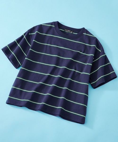 SHISKY（シスキー）の「SHISKY / シスキー ボーダー ビックシルエット  カットソー  半袖キッズ（Tシャツ/カットソー・キッズ・サックスブルー/グレー系/ベージュ/ネイビー系/チャコール/ネイビー/ネイビー系2/ダークグリーン/オフホワイト/ブラック系/杢グレー/グリーン系・140/120/110/130/160/150）」の9枚目の写真