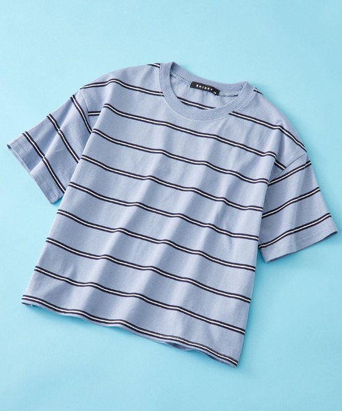 SHISKY（シスキー）の「SHISKY / シスキー ボーダー ビックシルエット  カットソー  半袖キッズ（Tシャツ/カットソー・キッズ・サックスブルー/グレー系/ベージュ/ネイビー系/チャコール/ネイビー/ネイビー系2/ダークグリーン/オフホワイト/ブラック系/杢グレー/グリーン系・140/120/110/130/160/150）」の10枚目の写真