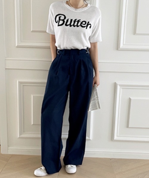 NANING9(ナンニング)の「NANING9 Butterフロントレタリングラウンドネック半袖ニット(Tシャツ/カットソー・レディース・アイボリー/ピンク/ネイビー・FREE)」の9枚目の写真