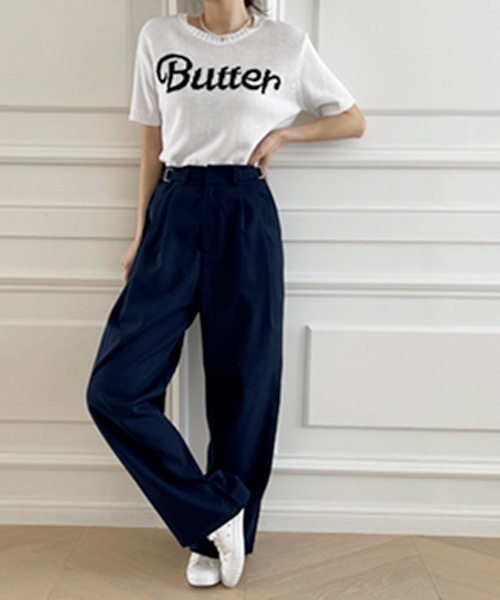 NANING9(ナンニング)の「NANING9 Butterフロントレタリングラウンドネック半袖ニット(Tシャツ/カットソー・レディース・アイボリー/ピンク/ネイビー・FREE)」の15枚目の写真