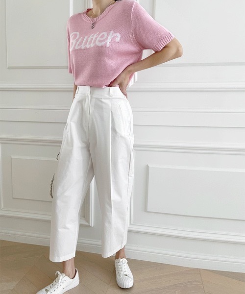 NANING9(ナンニング)の「NANING9 Butterフロントレタリングラウンドネック半袖ニット(Tシャツ/カットソー・レディース・アイボリー/ピンク/ネイビー・FREE)」の7枚目の写真