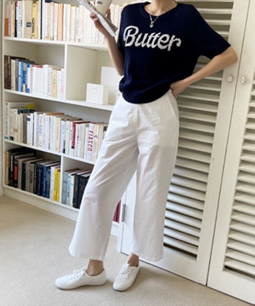 NANING9(ナンニング)の「NANING9 Butterフロントレタリングラウンドネック半袖ニット(Tシャツ/カットソー・レディース・アイボリー/ピンク/ネイビー・FREE)」の16枚目の写真