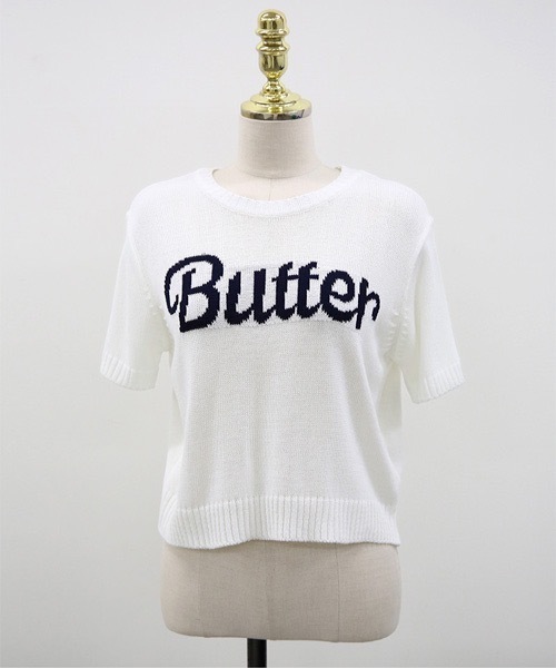 NANING9(ナンニング)の「NANING9 Butterフロントレタリングラウンドネック半袖ニット(Tシャツ/カットソー・レディース・アイボリー/ピンク/ネイビー・FREE)」の12枚目の写真