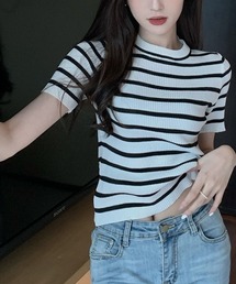 大人可愛いリブボーダー。クルーネックリブニットTシャツ
