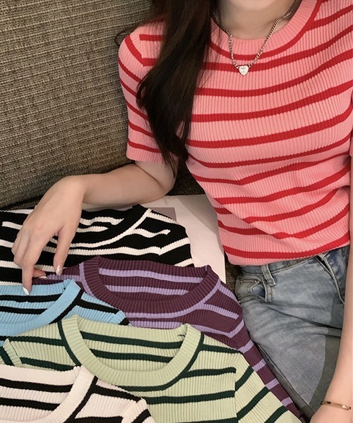 SEN TOKYO（セントーキョー）の「大人可愛いリブボーダー。クルーネックリブニットTシャツ（Tシャツ/カットソー・レディース・パープル/ホワイト/ブラック/ピンク/ブルー/グリーン・FREE）」の6枚目の写真