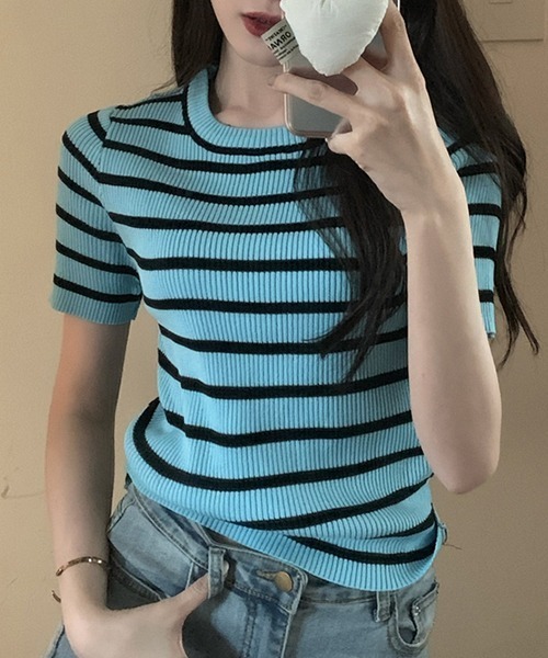SEN TOKYO（セントーキョー）の「大人可愛いリブボーダー。クルーネックリブニットTシャツ（Tシャツ/カットソー・レディース・パープル/ホワイト/ブラック/ピンク/ブルー/グリーン・FREE）」の4枚目の写真