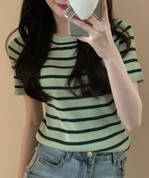 大人可愛いリブボーダー。クルーネックリブニットTシャツ