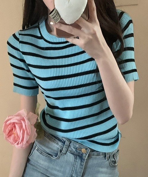 SEN TOKYO（セントーキョー）の「大人可愛いリブボーダー。クルーネックリブニットTシャツ（Tシャツ/カットソー・レディース・パープル/ホワイト/ブラック/ピンク/ブルー/グリーン・FREE）」の19枚目の写真