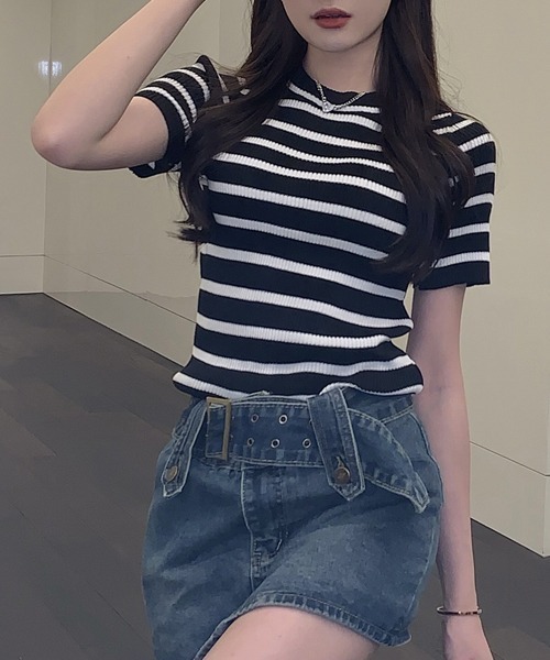 SEN TOKYO（セントーキョー）の「大人可愛いリブボーダー。クルーネックリブニットTシャツ（Tシャツ/カットソー・レディース・パープル/ホワイト/ブラック/ピンク/ブルー/グリーン・FREE）」の17枚目の写真