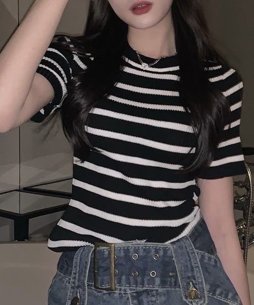 SEN TOKYO（セントーキョー）の「大人可愛いリブボーダー。クルーネックリブニットTシャツ（Tシャツ/カットソー・レディース・パープル/ホワイト/ブラック/ピンク/ブルー/グリーン・FREE）」の22枚目の写真