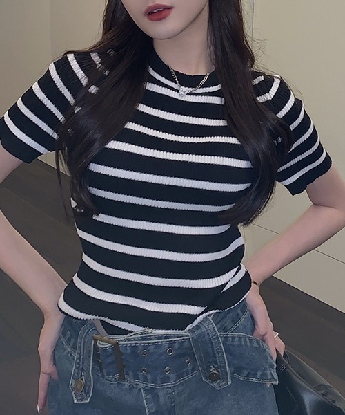 SEN TOKYO（セントーキョー）の「大人可愛いリブボーダー。クルーネックリブニットTシャツ（Tシャツ/カットソー・レディース・パープル/ホワイト/ブラック/ピンク/ブルー/グリーン・FREE）」の20枚目の写真