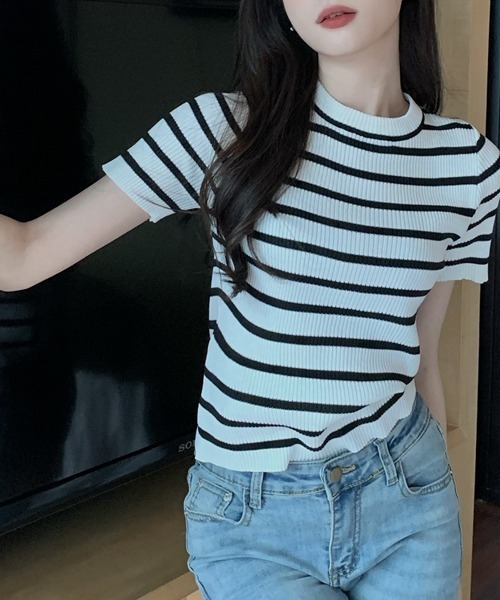 SEN TOKYO（セントーキョー）の「大人可愛いリブボーダー。クルーネックリブニットTシャツ（Tシャツ/カットソー・レディース・パープル/ホワイト/ブラック/ピンク/ブルー/グリーン・FREE）」の12枚目の写真