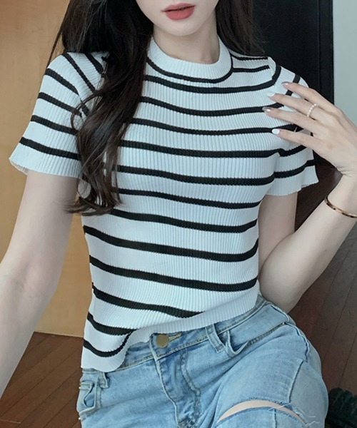 SEN TOKYO（セントーキョー）の「大人可愛いリブボーダー。クルーネックリブニットTシャツ（Tシャツ/カットソー・レディース・パープル/ホワイト/ブラック/ピンク/ブルー/グリーン・FREE）」の15枚目の写真