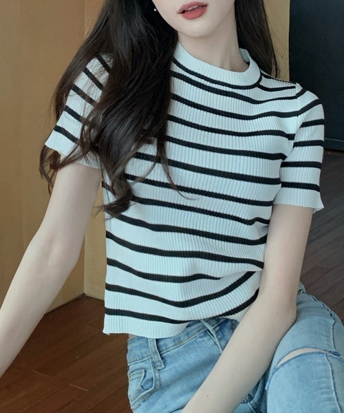SEN TOKYO（セントーキョー）の「大人可愛いリブボーダー。クルーネックリブニットTシャツ（Tシャツ/カットソー・レディース・パープル/ホワイト/ブラック/ピンク/ブルー/グリーン・FREE）」の8枚目の写真