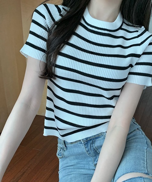 SEN TOKYO（セントーキョー）の「大人可愛いリブボーダー。クルーネックリブニットTシャツ（Tシャツ/カットソー・レディース・パープル/ホワイト/ブラック/ピンク/ブルー/グリーン・FREE）」の10枚目の写真
