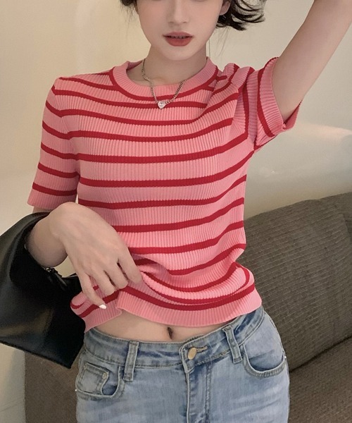 SEN TOKYO（セントーキョー）の「大人可愛いリブボーダー。クルーネックリブニットTシャツ（Tシャツ/カットソー・レディース・パープル/ホワイト/ブラック/ピンク/ブルー/グリーン・FREE）」の18枚目の写真