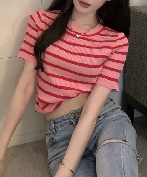 SEN TOKYO（セントーキョー）の「大人可愛いリブボーダー。クルーネックリブニットTシャツ（Tシャツ/カットソー・レディース・パープル/ホワイト/ブラック/ピンク/ブルー/グリーン・FREE）」の21枚目の写真