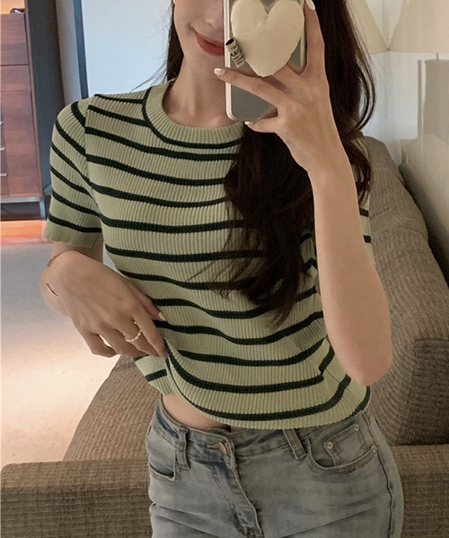 SEN TOKYO（セントーキョー）の「大人可愛いリブボーダー。クルーネックリブニットTシャツ（Tシャツ/カットソー・レディース・パープル/ホワイト/ブラック/ピンク/ブルー/グリーン・FREE）」の16枚目の写真