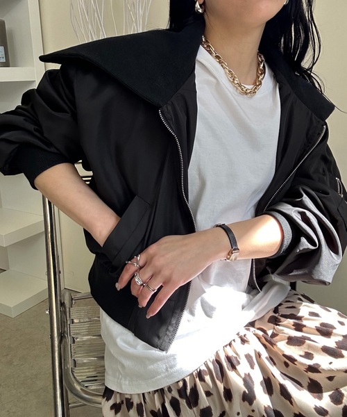 ULEULA（ウルア）の「ビック襟スタンドショートブルゾン（ブルゾン・レディース・ブラック/アイボリー/カーキ・FREE）」の12枚目の写真