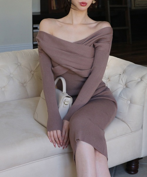 ロイヤルパーティー デコルテレースカシュクールタイトニットワンピース