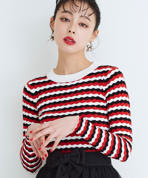 Narcissus（ナルシス）の「ボーダーカラーニットトップス（ニット/セーター・レディース・ネイビー/レッド・FREE）」の2枚目の写真