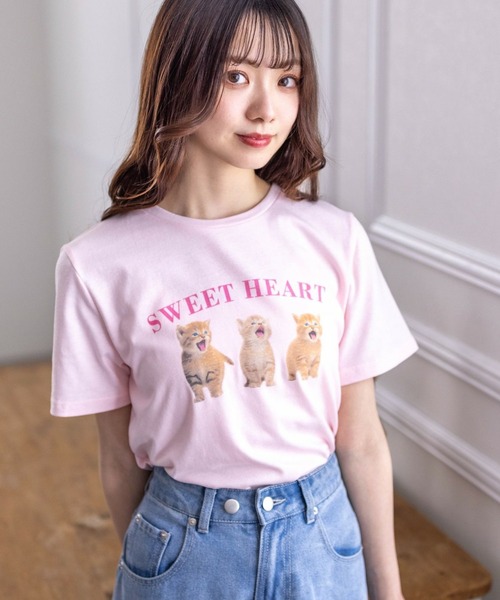 clear（クリア）の「猫プリント半袖Tシャツ≪2024SS≫（Tシャツ/カットソー・レディース・オフホワイト/ライトピンク/イエロー系その他・F）」の6枚目の写真